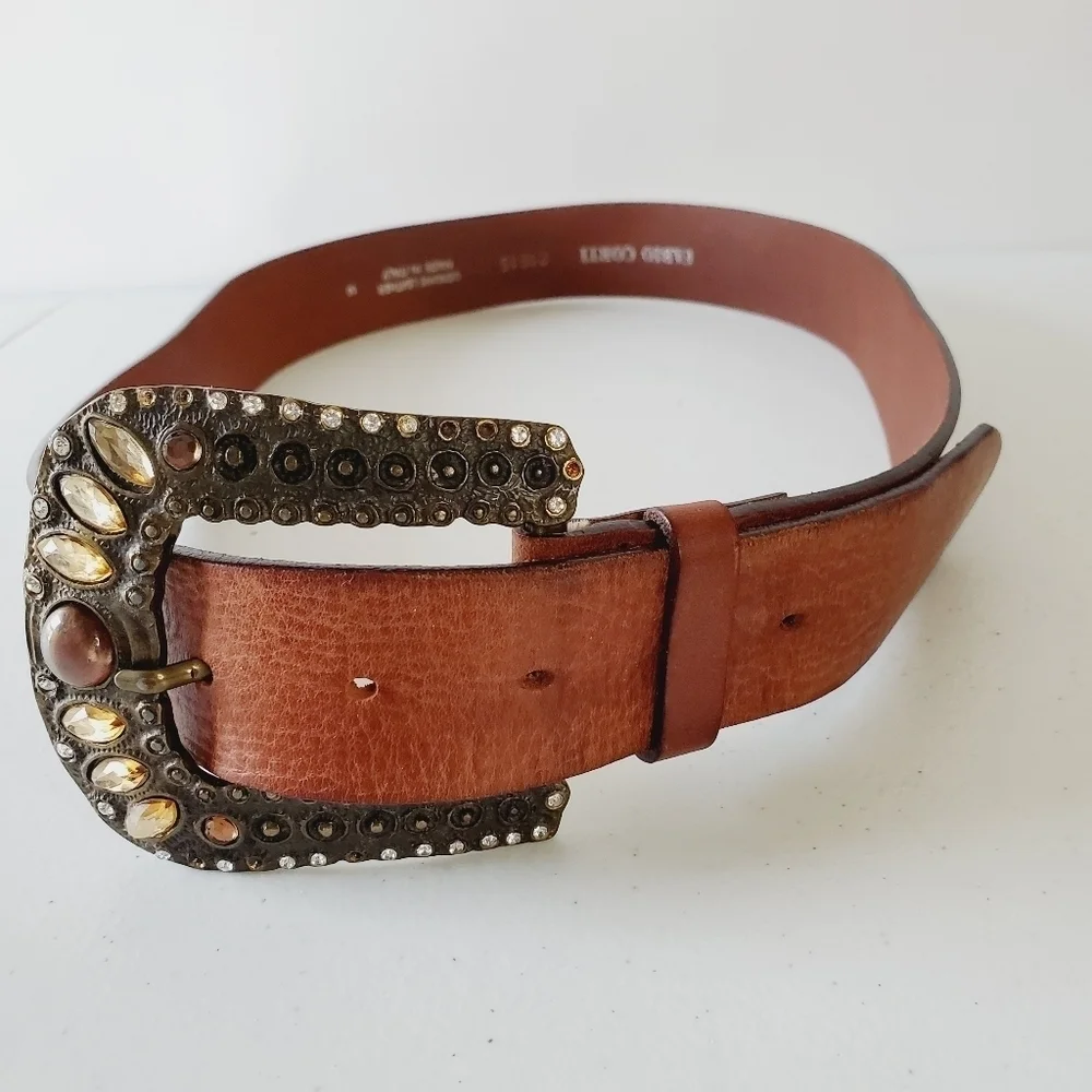 Fabio Corti Genuine Leather Belt Brown Jeweled Beaded Oversized Buckle‎ Italy